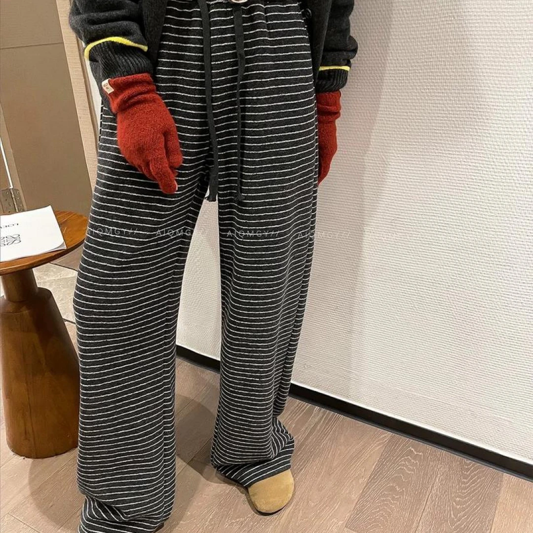 加绒加厚条纹休闲裤女冬季新款显瘦胖mm梨形身材阔腿拖地裤秋冬