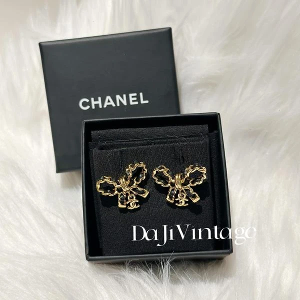 大吉中古/Chanel香奈儿皮穿链蝴蝶结耳钉