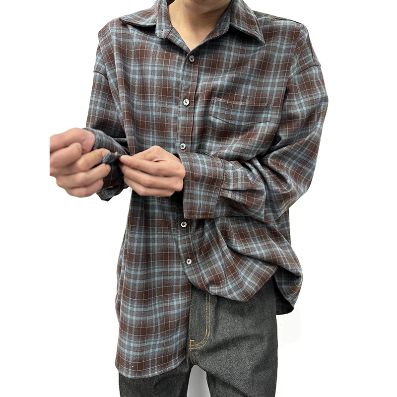 WANNA LAB 25SS定制格纹混纺水洗隐藏扣基础弧形长袖衬衫cleanfit