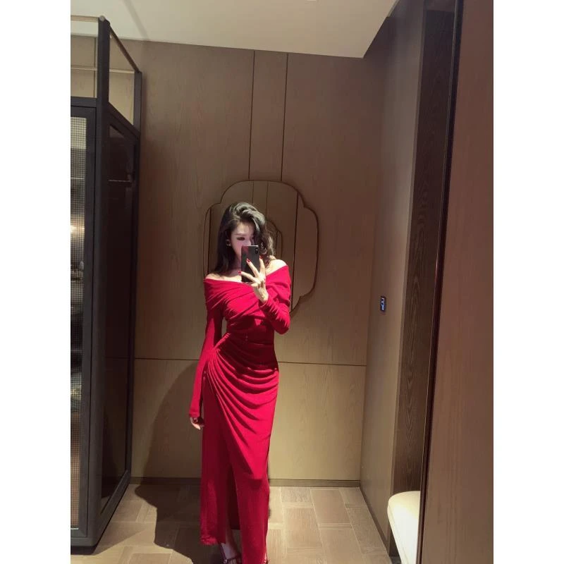 金南一褶皱肌理设计师气质勾勒线条抹胸露肩连衣裙秋冬0101411288