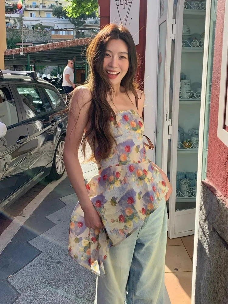 夏感纯欲辣妹外穿上衣潮感油画不规则下摆收腰抹胸背心女2025年