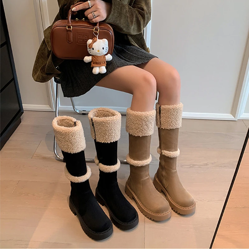 厚底毛毛长筒靴女冬季加绒高筒骑士靴保暖小个子增高雪地靴棉靴子