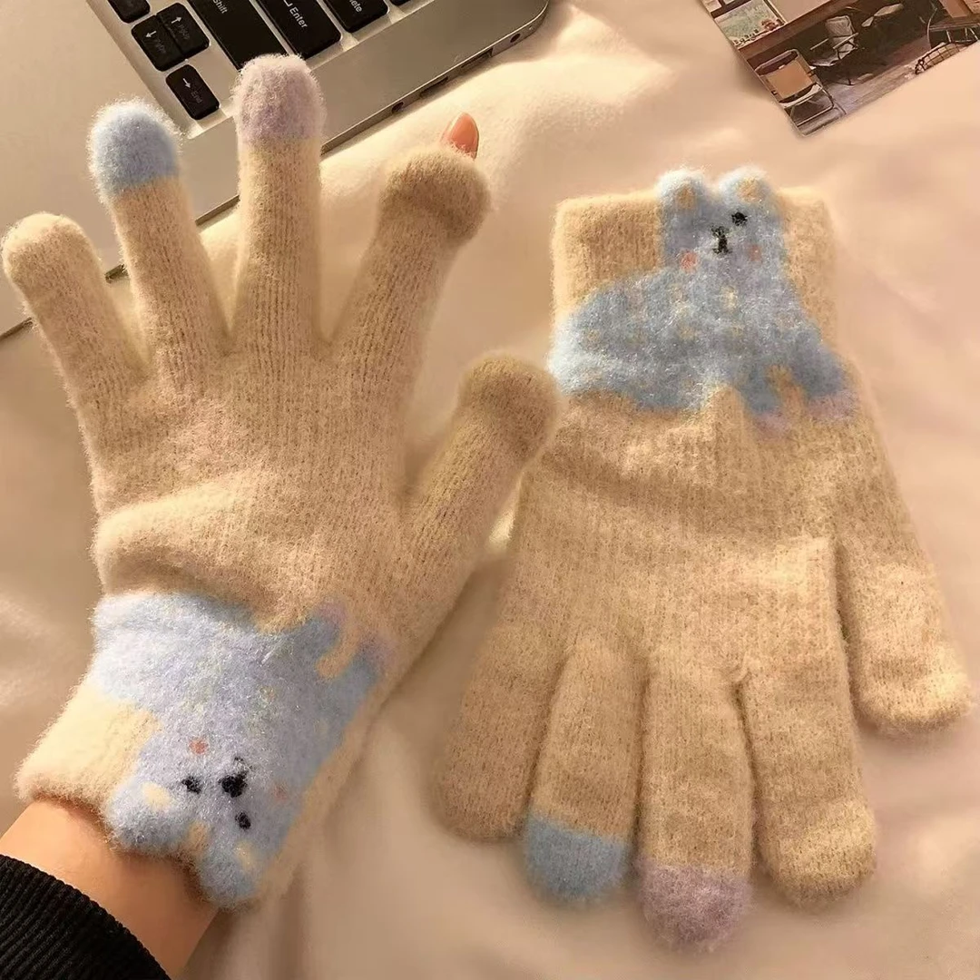 高颜值腊肠狗露指触屏毛绒针织手套女冬季保暖学生加绒防寒骑行车