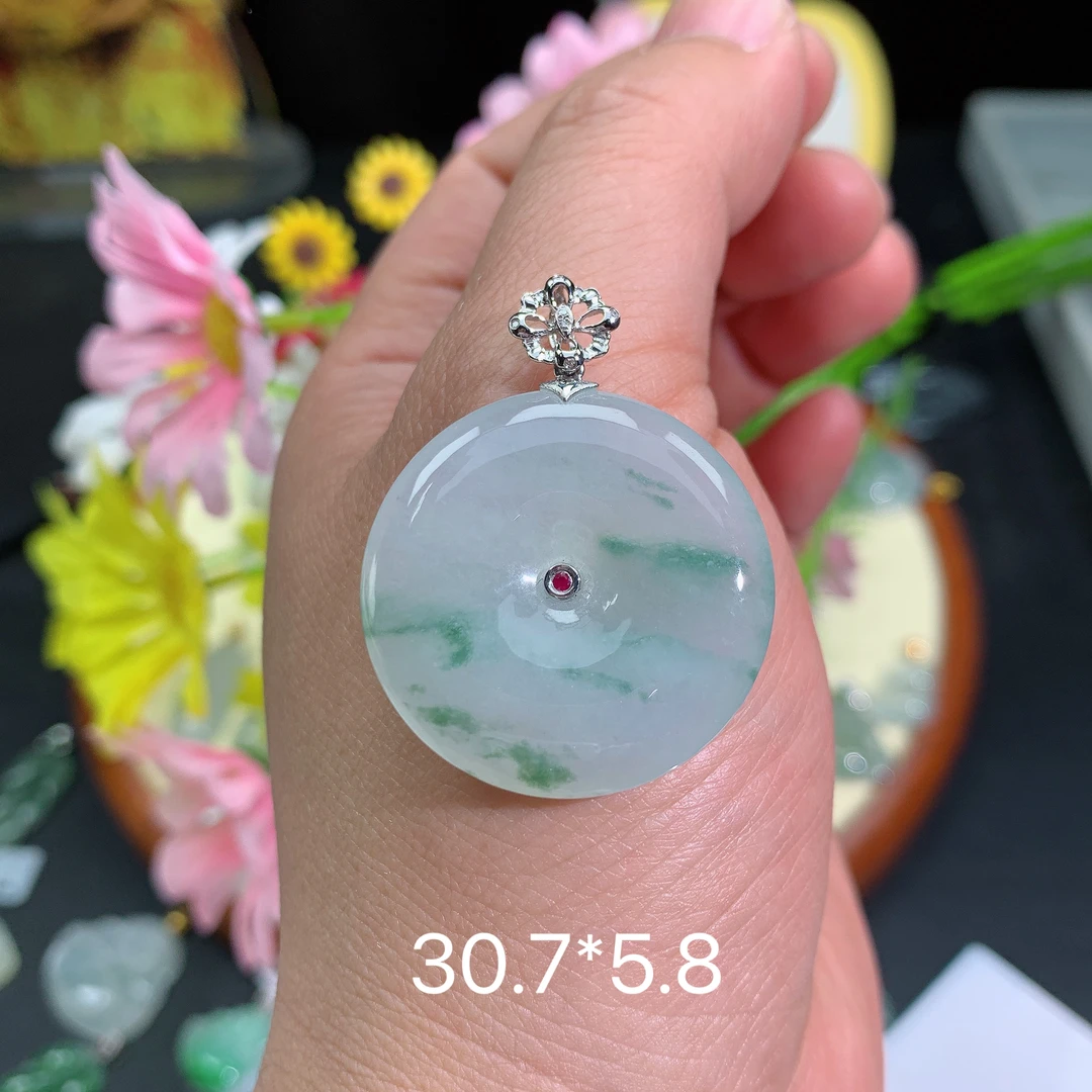 缅甸翡翠A货冰种飘花平安扣M吊坠挂件水润百搭精致玉冰气质妈妈精