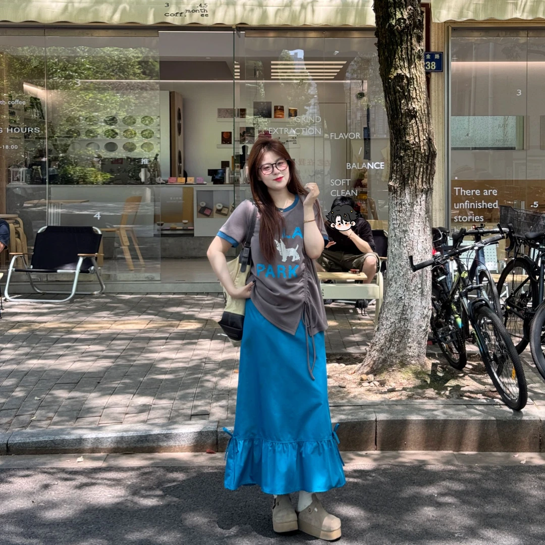 盈盈&南岛风大码女装拼接撞色短袖T恤胖mm显瘦半身裙套装ZYY1783