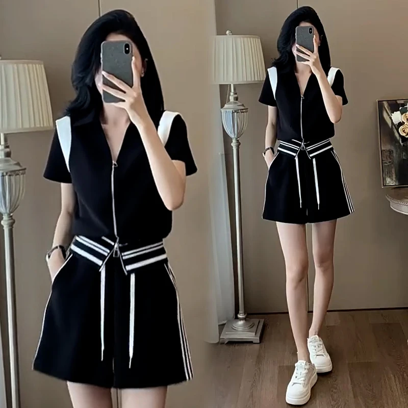 高含棉韩版时尚运动服套装女2025年夏季新款双拉链上衣短裤两件套