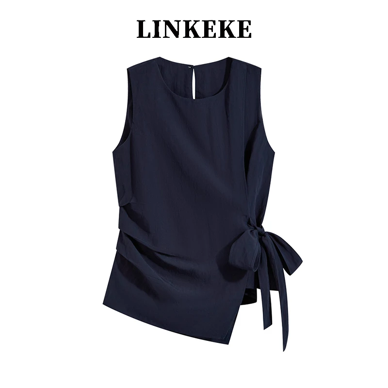 2025年夏季新款通勤风绑带无袖背心女不规则收腰显瘦独特漂亮上衣