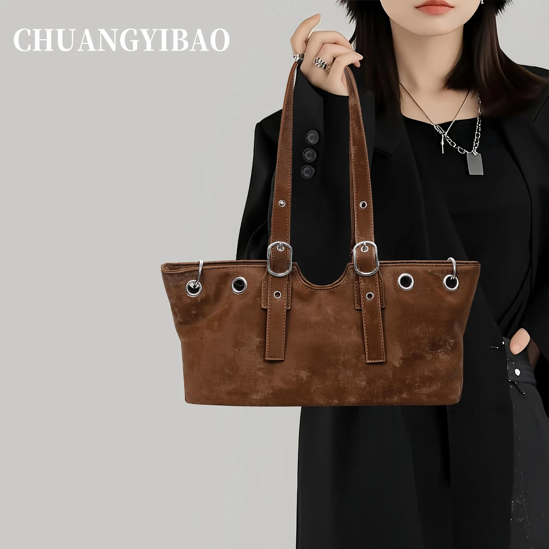 通勤大容量机车法棍托特包2025新款秋冬轻奢小众高级感麂皮腋下包