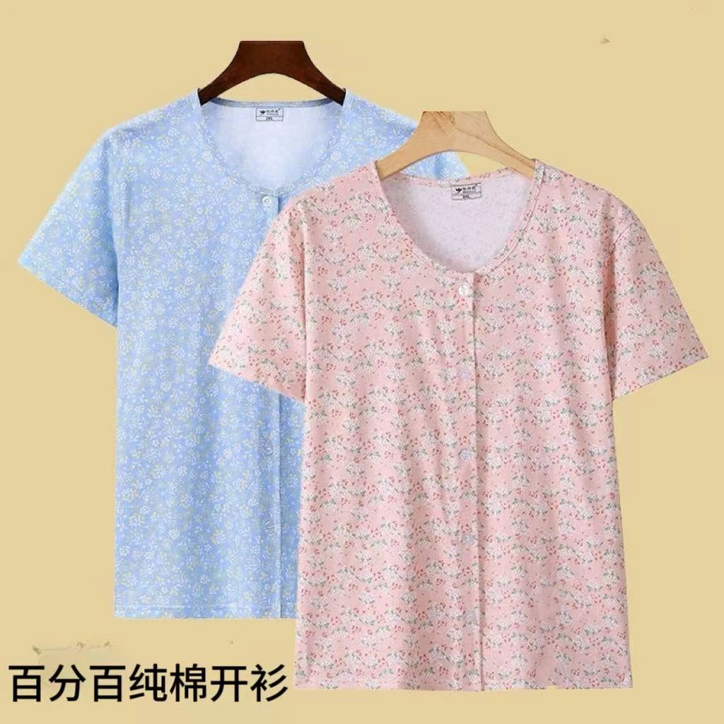 女纯棉开衫短袖背心中老年人全棉新款睡衣薄款家居服大码系扣汗衫