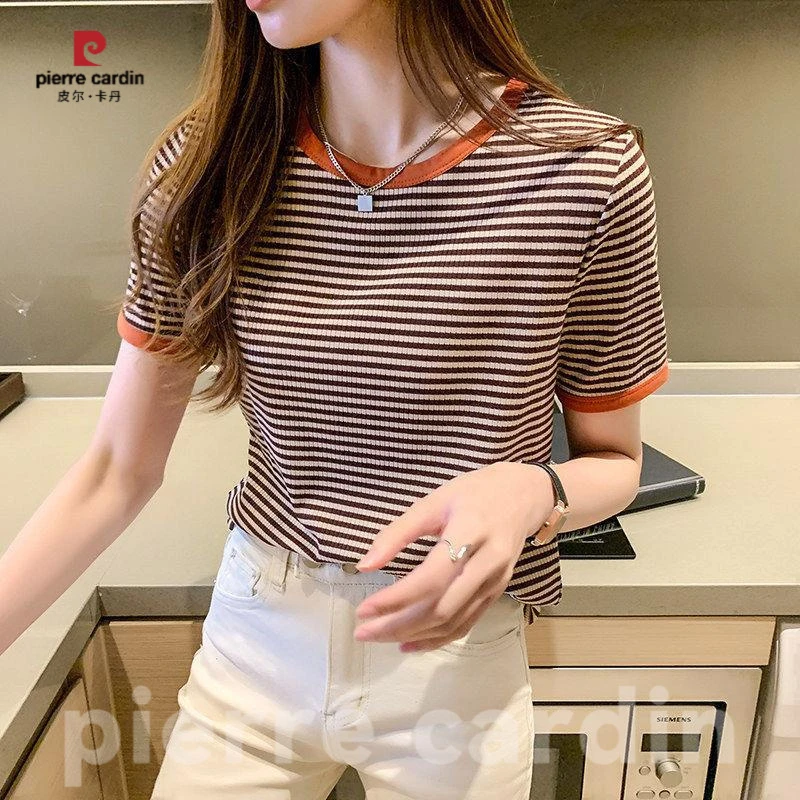 皮尔卡丹新款夏休闲圆领条纹显瘦弹力短袖加大宽松中老年妈妈简单