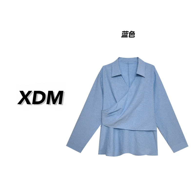 韩系气质风收腰显瘦褶皱设计长袖条纹上衣大码女孩显瘦衬衫3786