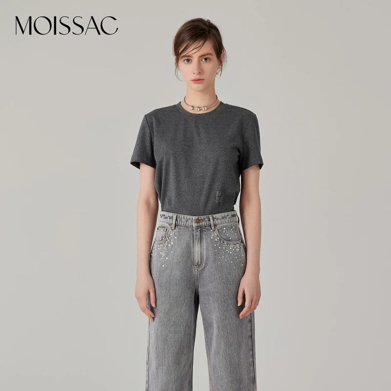 【小北专属】MOISSAC秋新款棉高智感圆领短袖logo灰色休闲T恤女