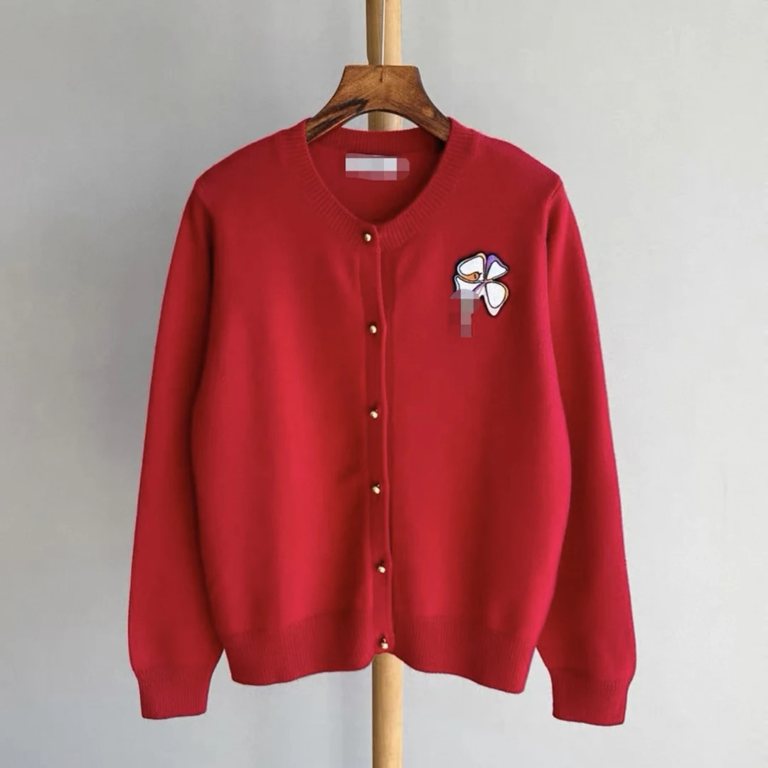 1440#秋冬新款圆领幸运花女针织开衫温婉百搭毛衣外套女