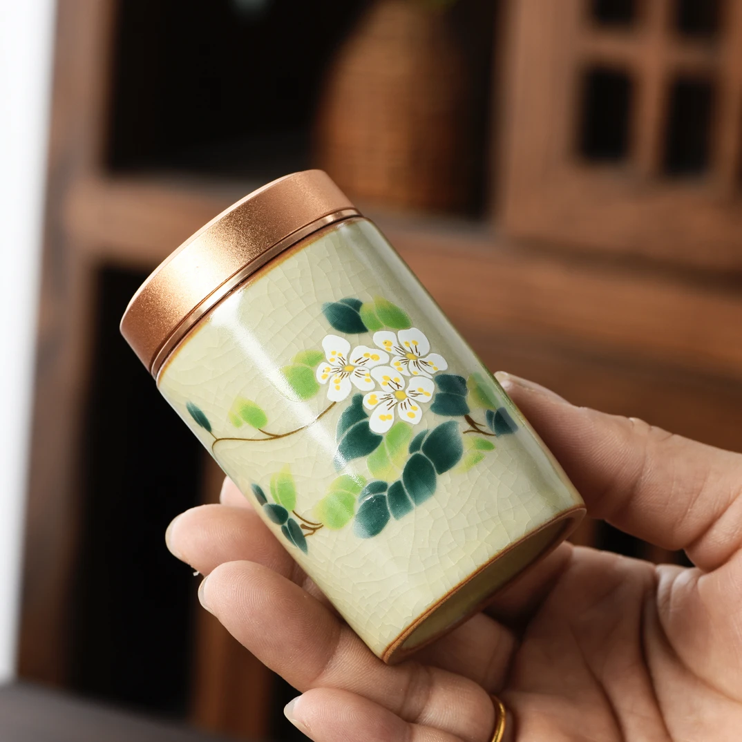 山茶花迷你茶叶罐复古迷你小号便携陶瓷茶叶罐密封家用储茶防潮罐