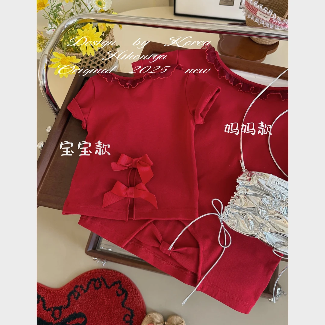 Q草莓小熊 五Hihoniya~2025夏季亲子设计感花边韩版短袖套装