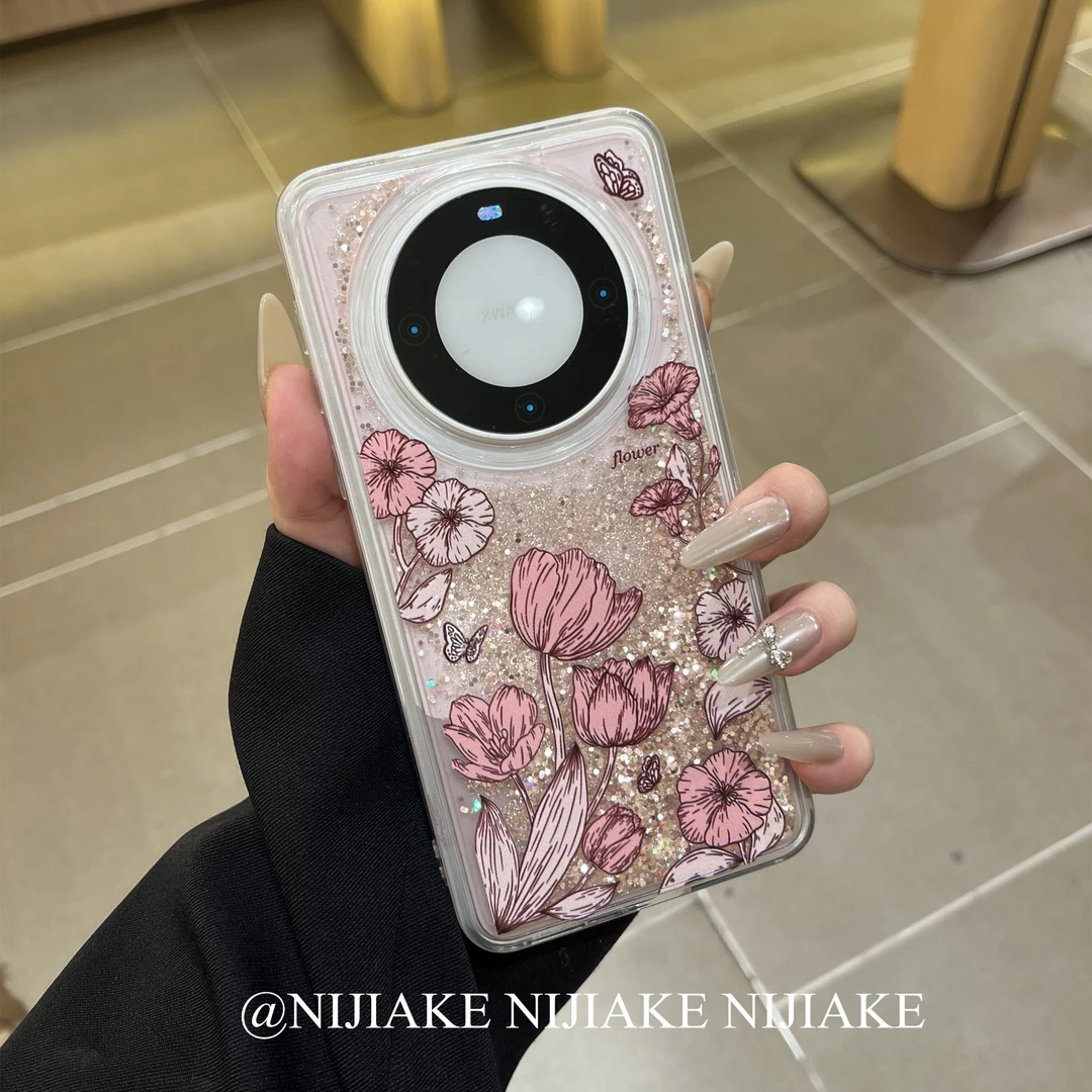 气质流沙花朵小众适用华为mate70pro手机壳mate60pro防摔p70透明