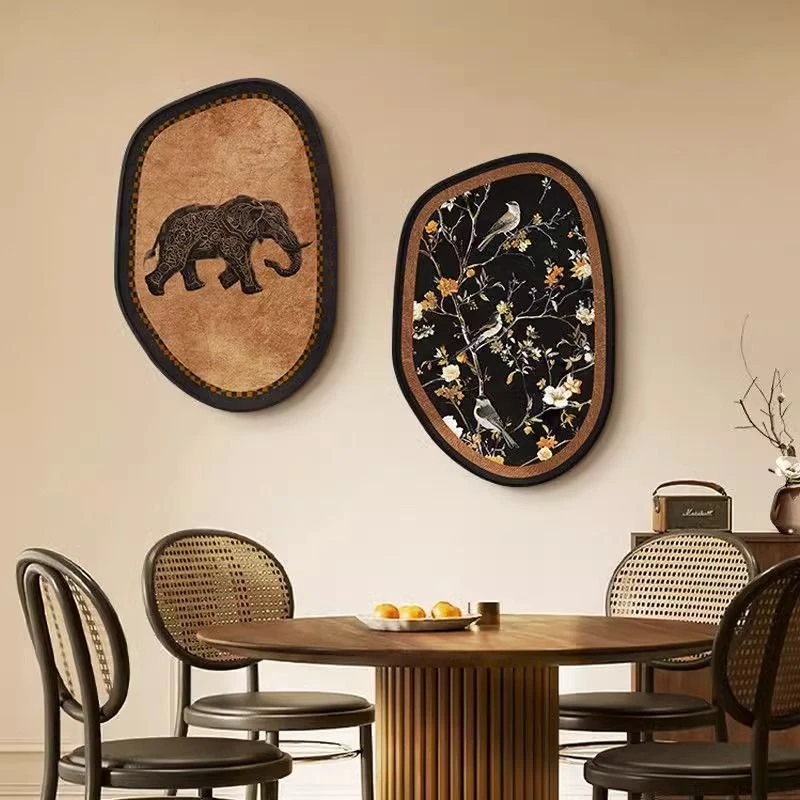 中古风新中式复古客厅沙发后背景墙面装饰画组合壁画挂画大象638