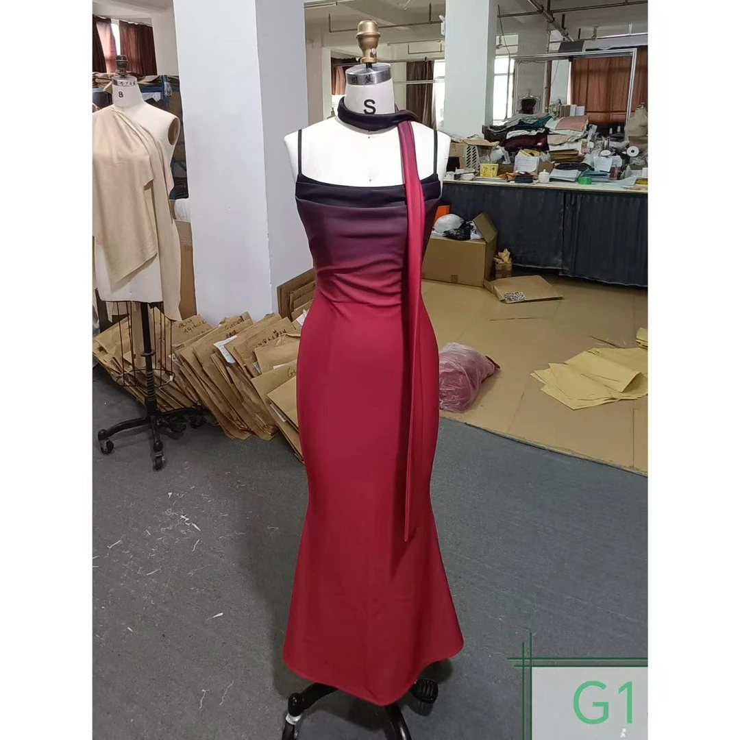 原创自制【莫妮卡】红色渐变艺术复古法式性感显瘦显白连衣裙鱼尾裙