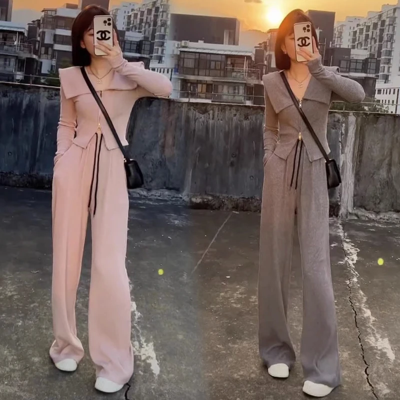 2025年春秋新款高级感休闲运动服套装女短款上衣阔腿长裤两件套