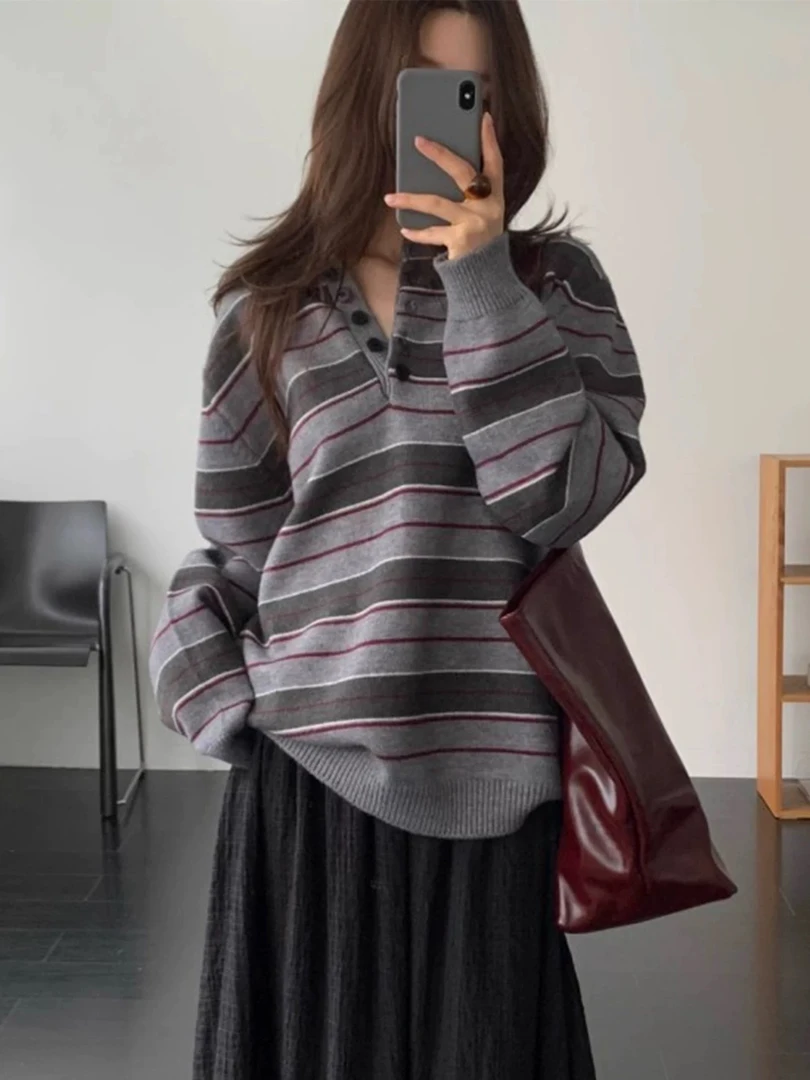 嘻嘻小柒（50011#）韩国chic秋季法式小众polo领撞色条纹羊毛毛衣