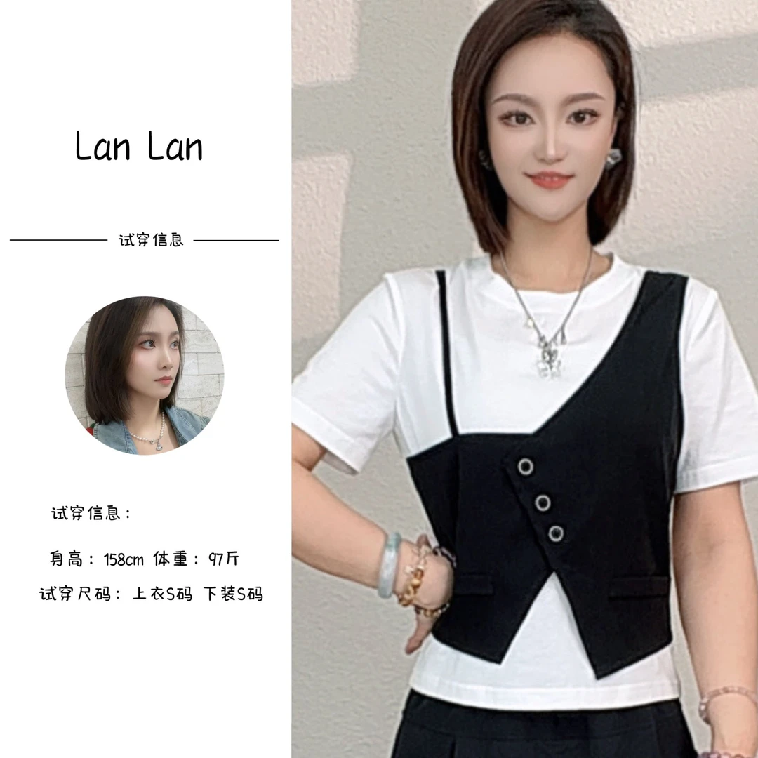 蔡小姐2025夏季新款时尚设计感圆领拼接马甲假两件T恤上衣小衫