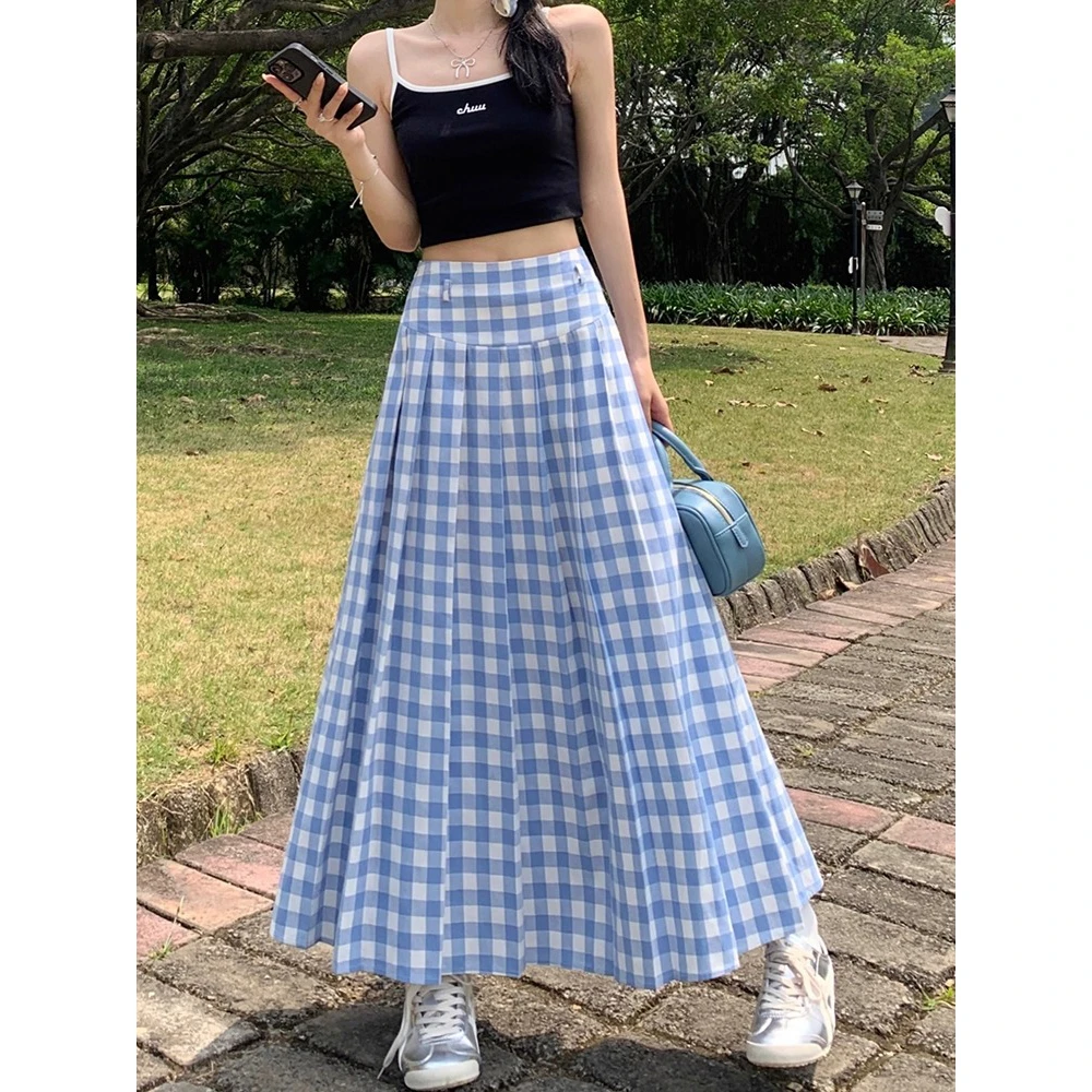 2025夏季新款蓝白撞色格纹半身长裙女高腰显瘦学院风百褶A字裙子