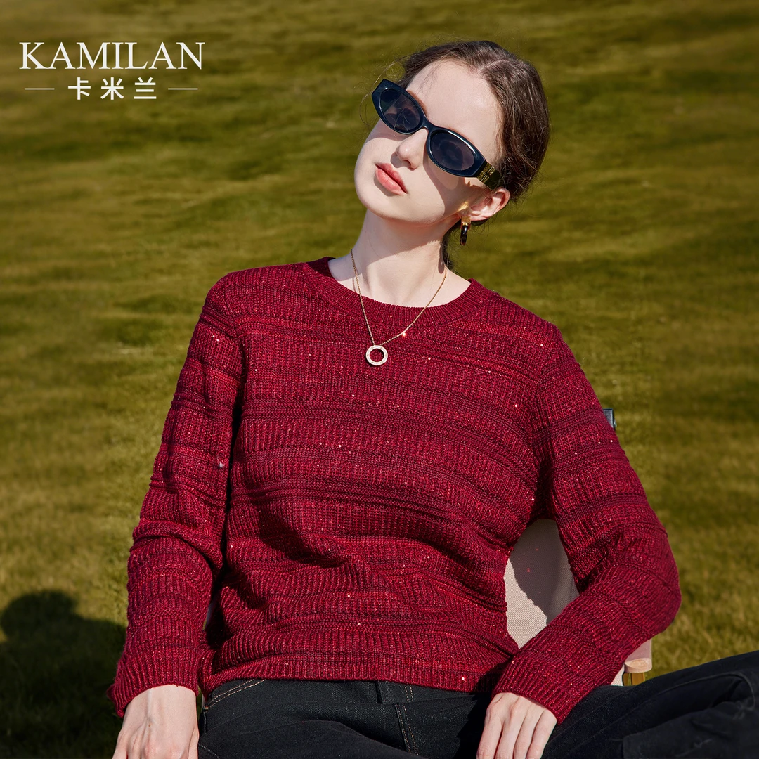 卡米兰高级感亮片套头红色毛衣女外穿2025秋季新款漂亮针织衫上衣