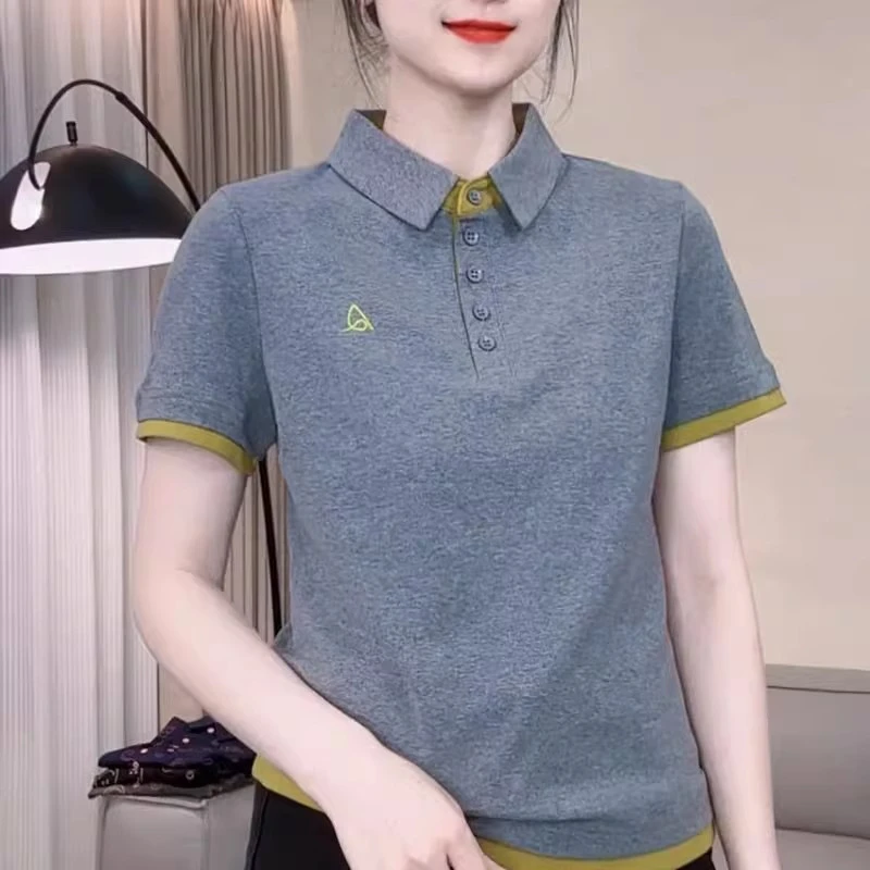拼色POLO领刺绣短袖T恤女2025新款夏季韩版休闲时尚宽松百搭上衣