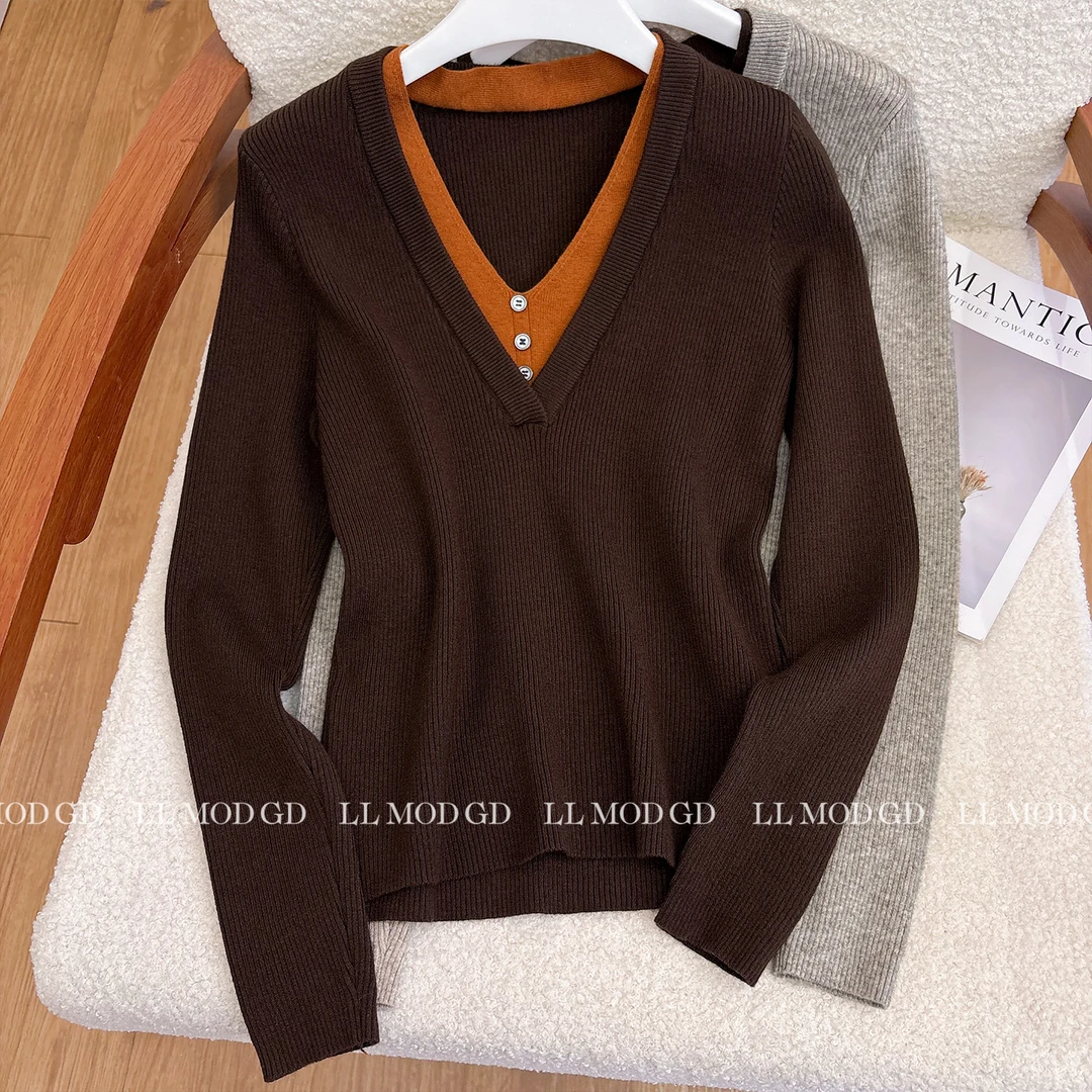 晨间与日暮 时尚休闲轻奢V领绵羊毛假两件针织衫上衣LL-6200670