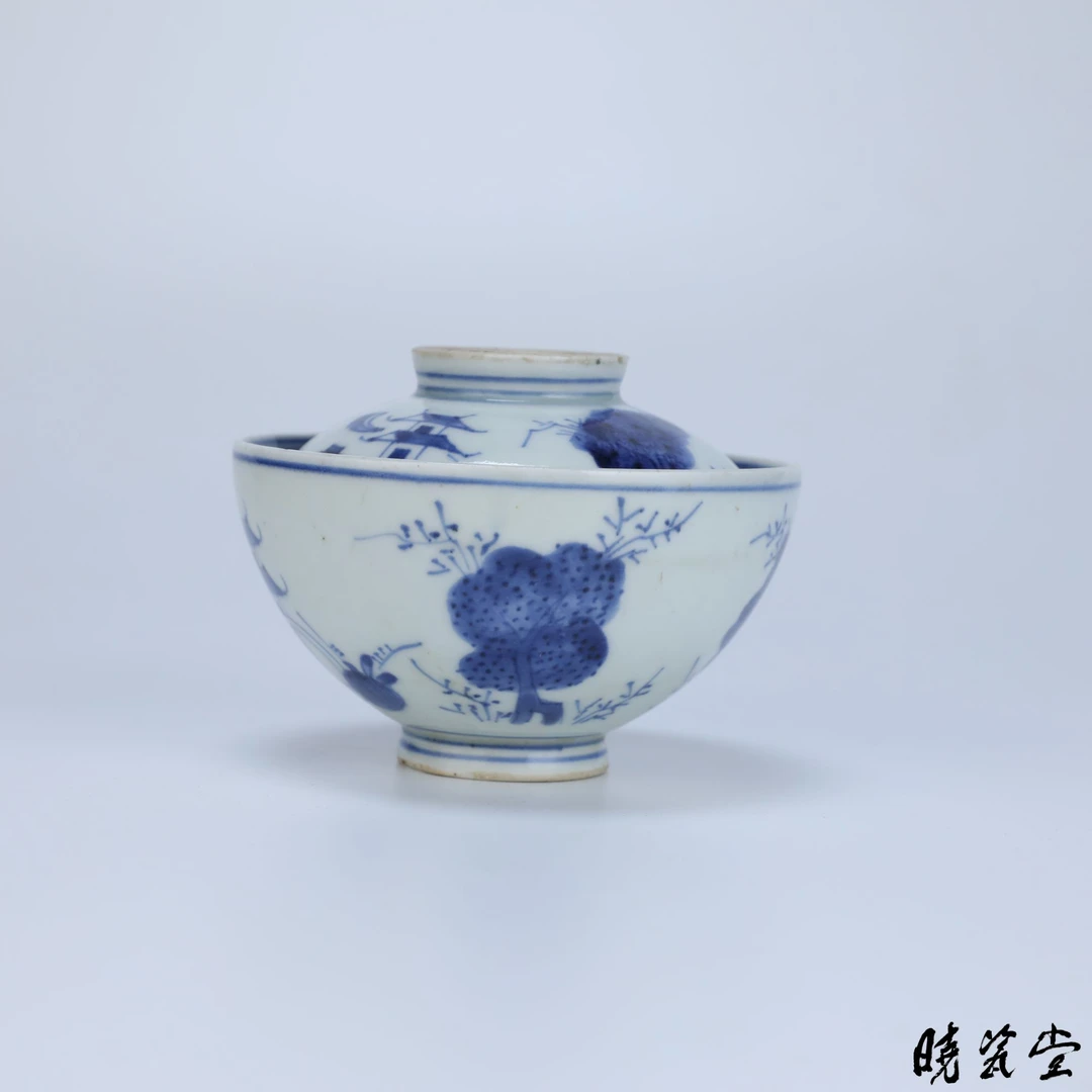 【晓瓷堂】清中期 青花亭台楼阁盖碗