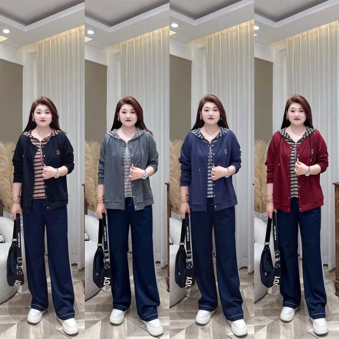 【上新仅上衣】PMM82151秋季新款时尚休闲条纹连帽假两件大码女装