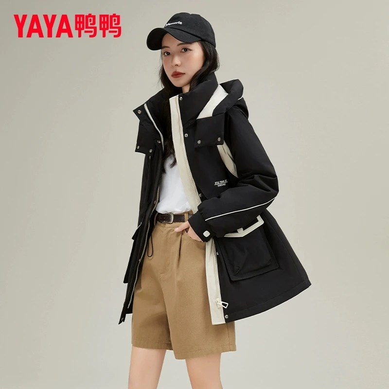 YAYA/鸭鸭中长款连帽90绒羽绒服女新保暖休闲外套YE4B616215L