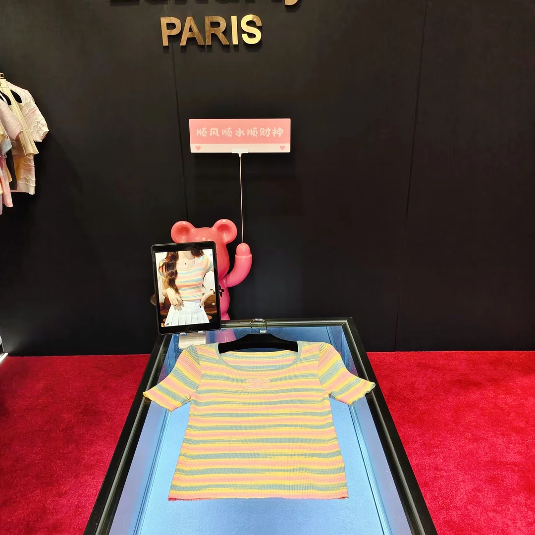 4786 彩虹条纹U领针织短袖女夏季薄款性感