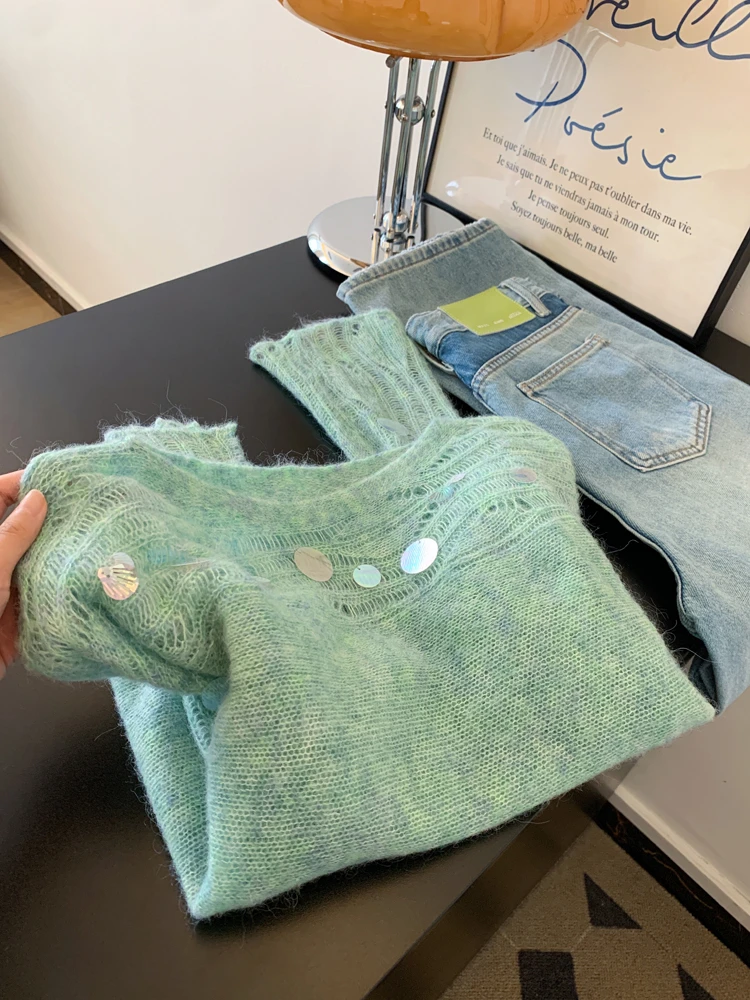 薄荷曼波套头秋季新款高级感亮片气质温柔宽松慵懒风软糯针织衫