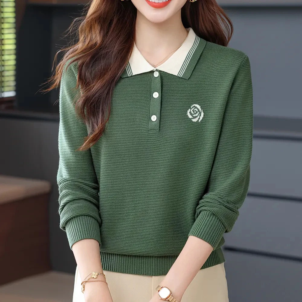 秋季新款时尚POLO领针织衫上衣女洋气外穿毛衣宽松显瘦妈妈装打底