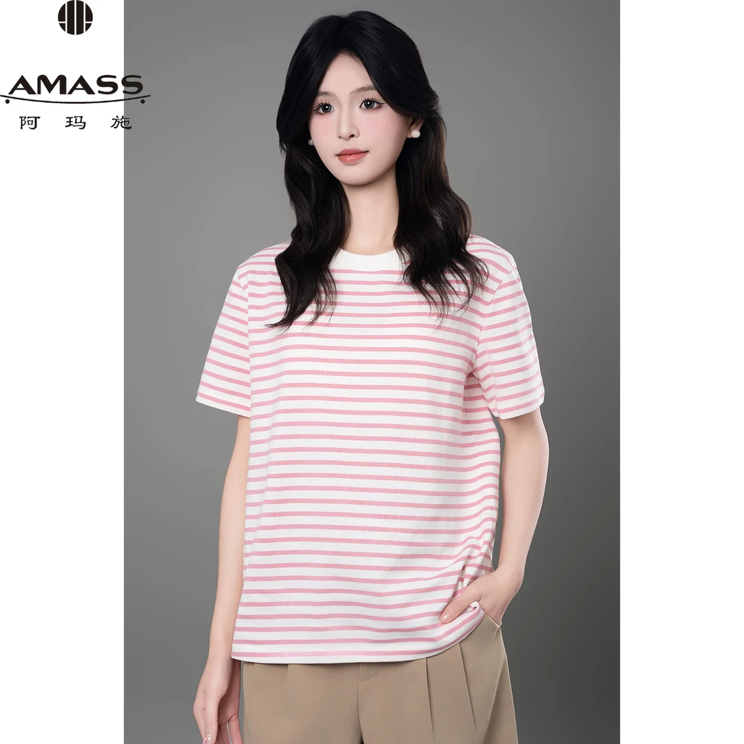 AMASS/阿玛施春夏新款时尚减龄百搭甜美条纹圆领短袖T恤女5300902
