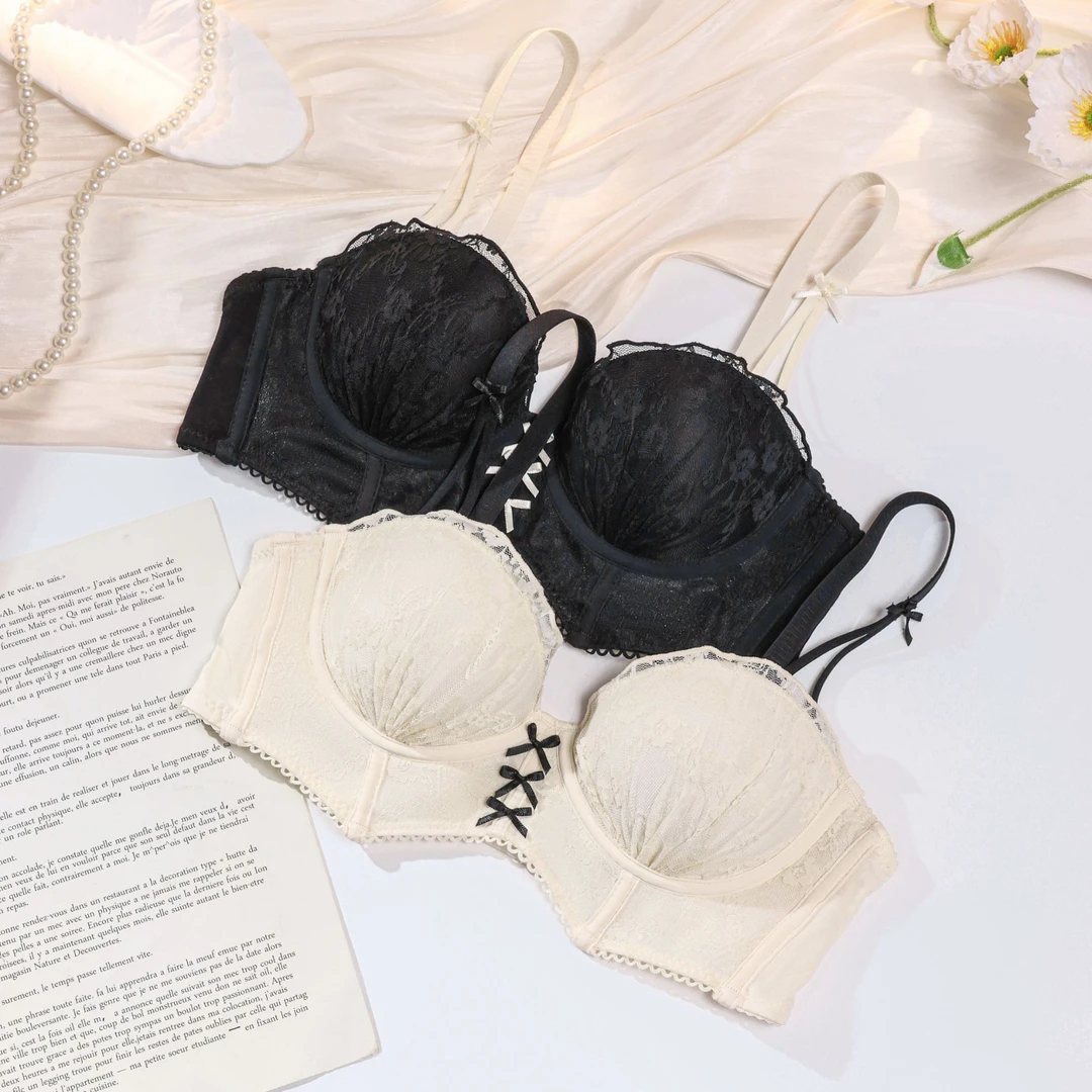 可拆卸肩带抹胸内衣女平胸专用小胸聚拢显大防下垂蕾丝文胸罩套装
