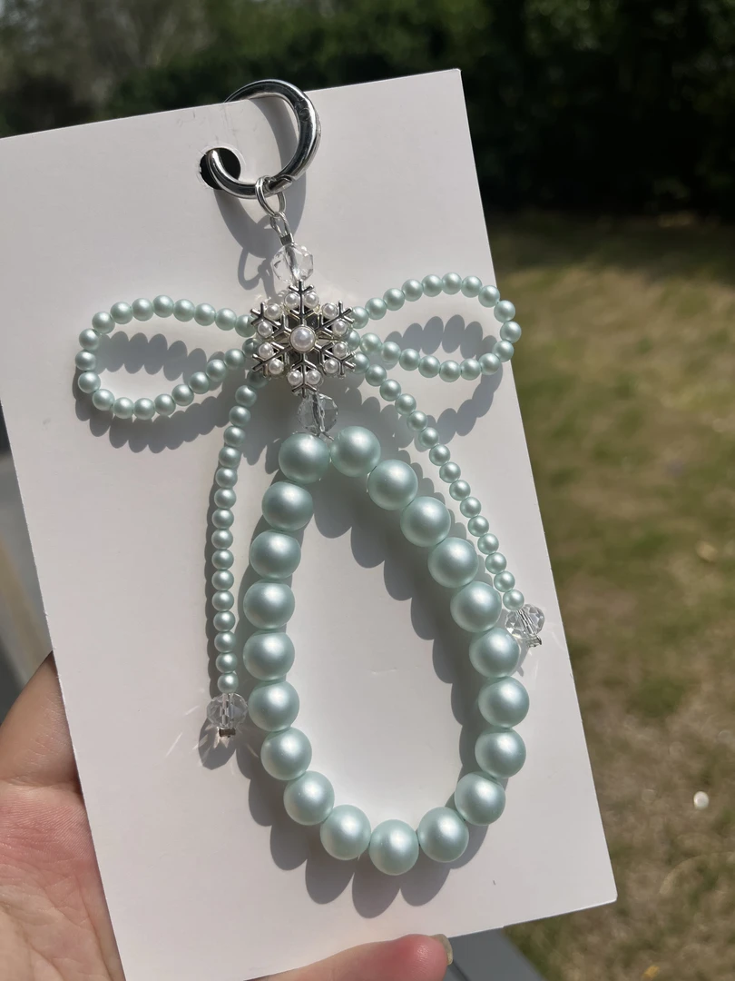 短款珍珠蝴蝶结手机挂绳金属扣链条手腕带手机链