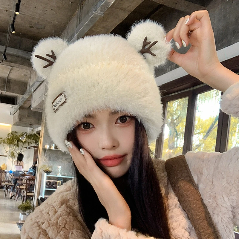 新款圣诞韩版鹿角毛绒帽子女秋冬季加厚保暖套头帽日系甜美针织帽
