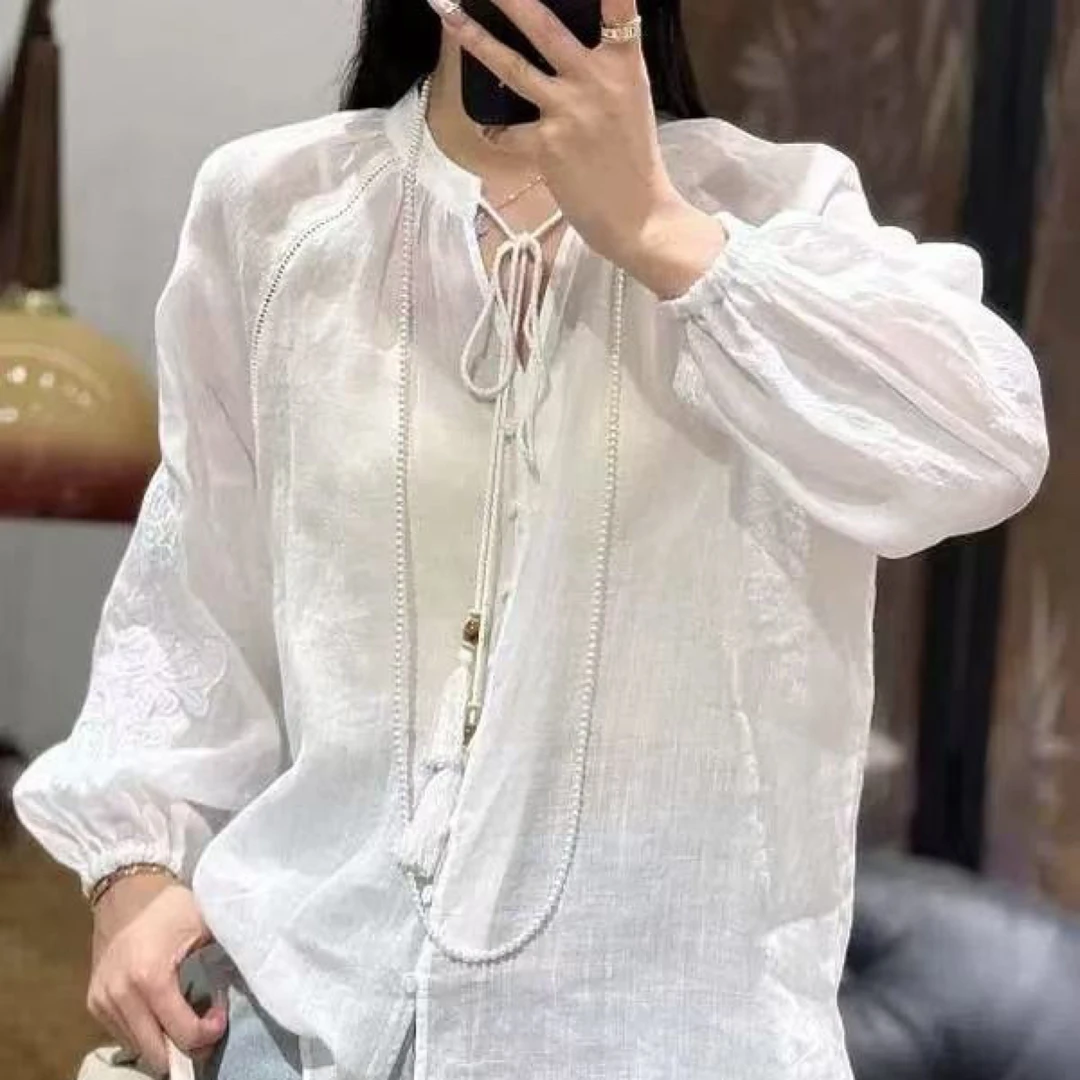 深圳南油新中式国风苎麻刺绣松弛高级感衬衫上衣宽松百搭衬衣4063