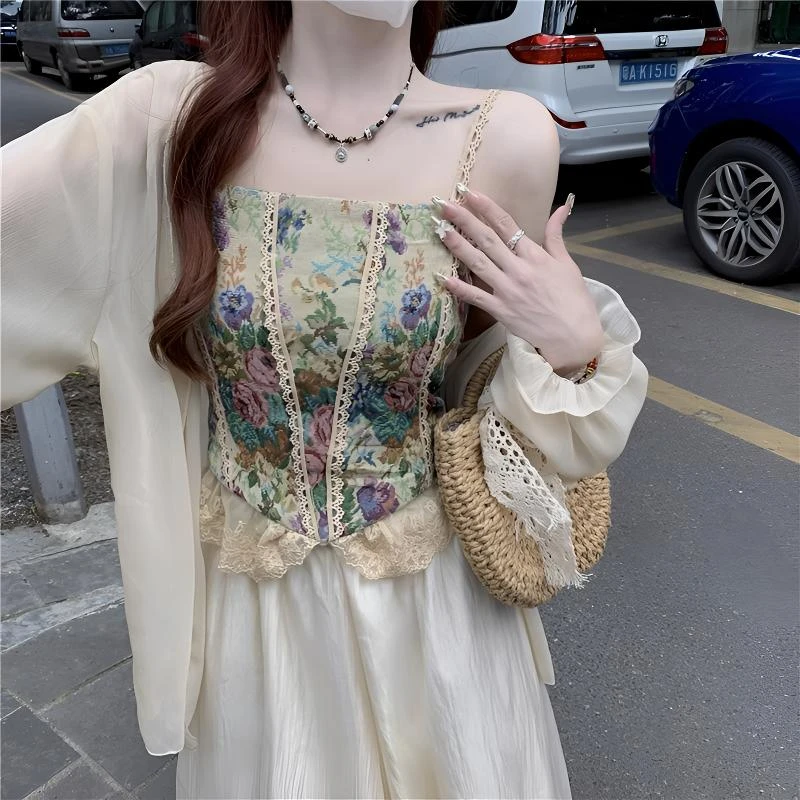 法式复古油画碎花吊带背心上衣温柔风小众气质仙女小吊带显瘦收腰