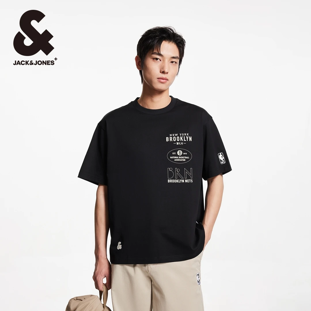 杰克琼斯NBA联名胸前篮网队字母胶印运动潮流休闲舒适百搭T恤男装