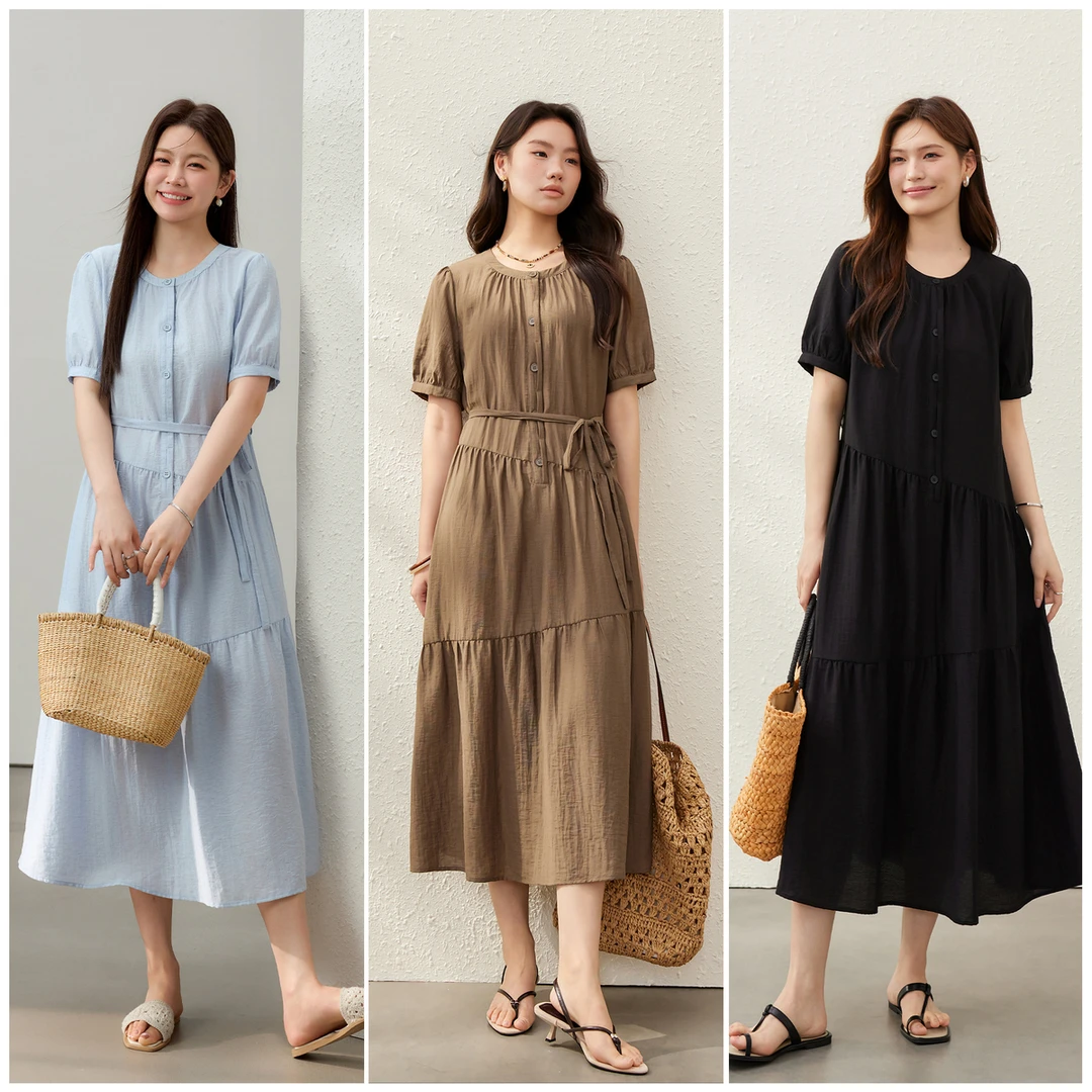 【烟波澜语】纤莉秀大码女装 恋夏风亚麻混纺圆领收腰连衣裙QK2051