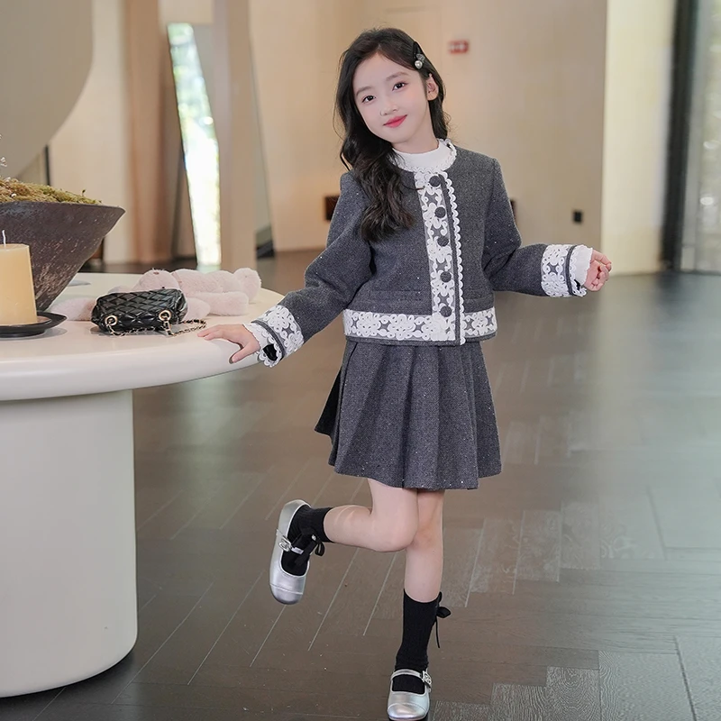 53932女童小香风套装法式精致蕾丝花边衣服秋装新款洋气甜美童装