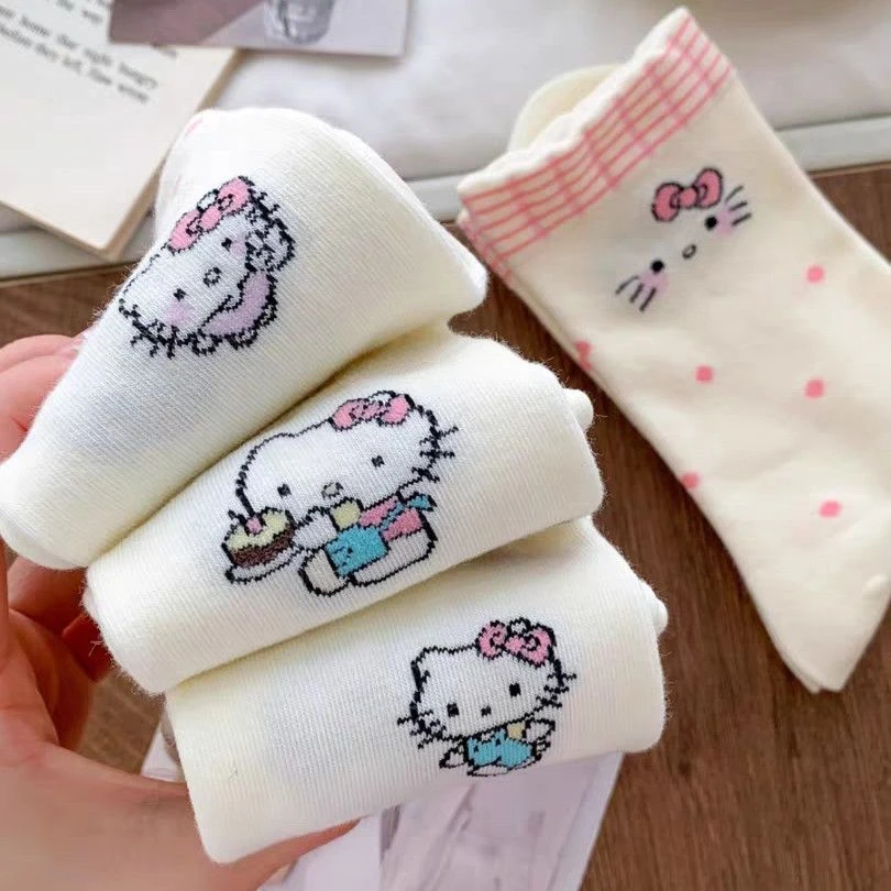 kt猫袜子女中筒袜春夏季薄款日系甜美卡通花边长袜白色长筒袜蕾丝
