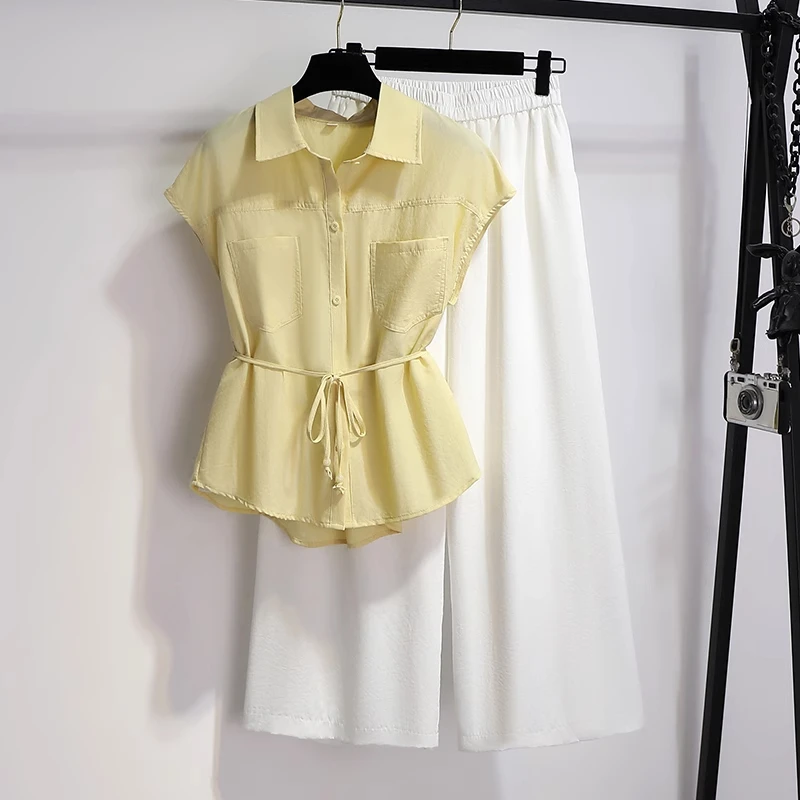 拉夏贝尔无袖衬衫套装女2025夏装一整套小个子巨好看阔腿裤两件套