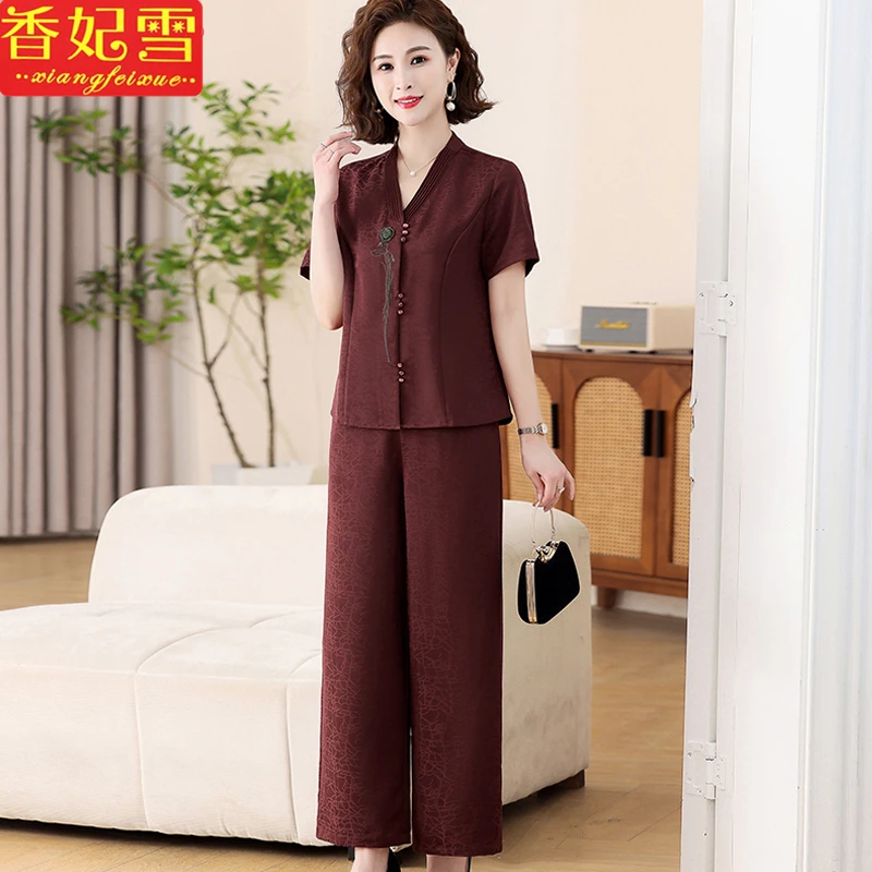 夏季新款中老年女真丝两件套大码妈妈装桑蚕丝套装阔太太上衣裤子
