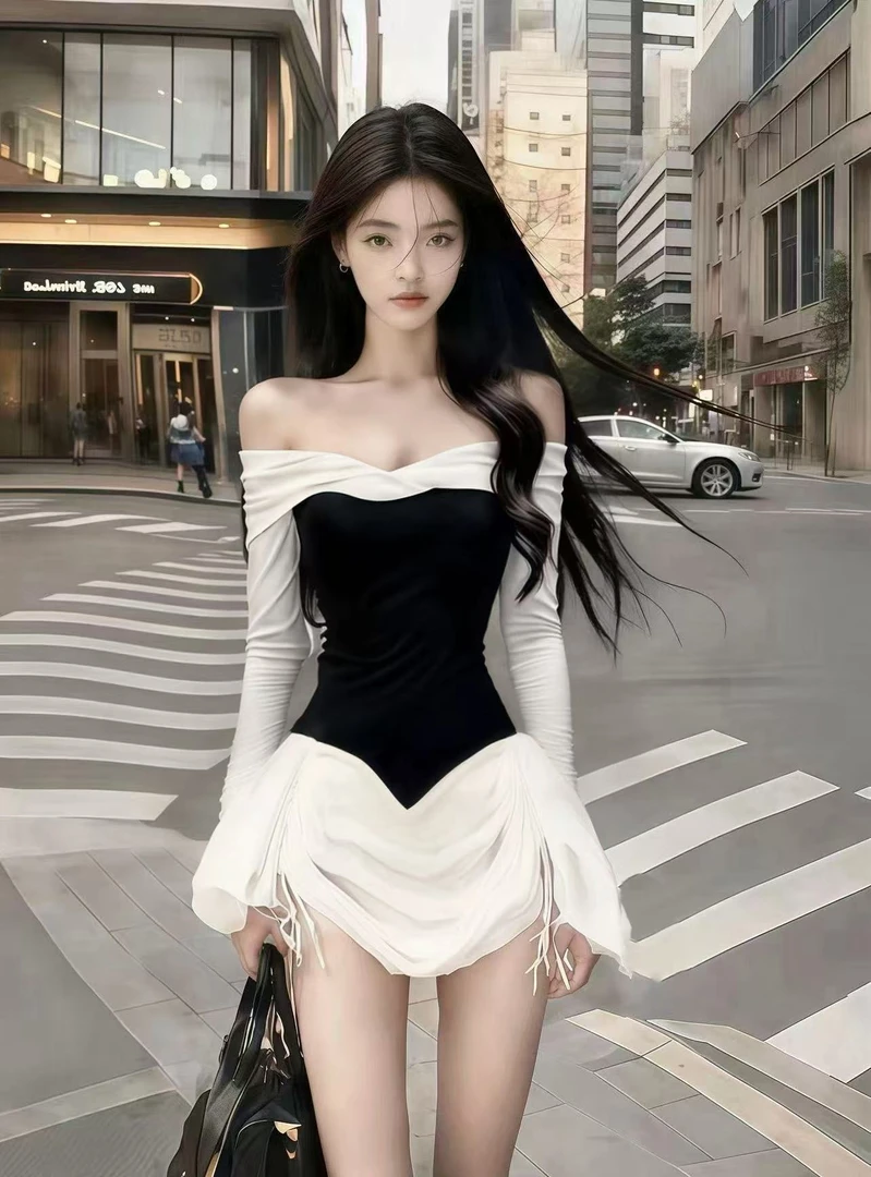 时尚简约静奢气质辣妹风黑白撞色一字肩长袖修身收腰设计感连衣裙