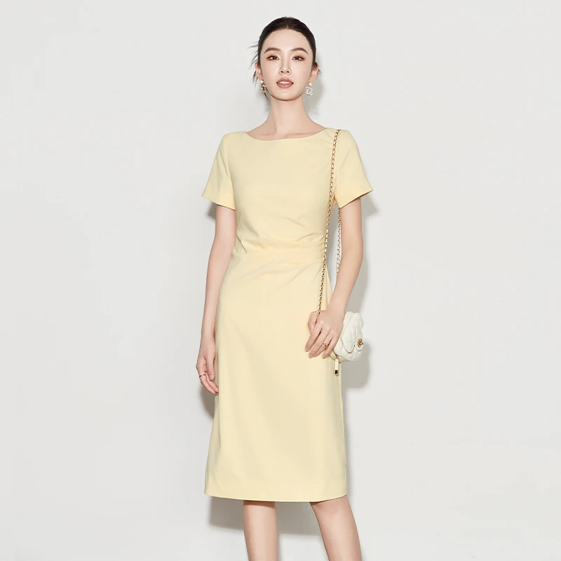 夏季显白浅黄色短袖修身立裁收褶法式优雅过膝中长裙通勤连衣裙