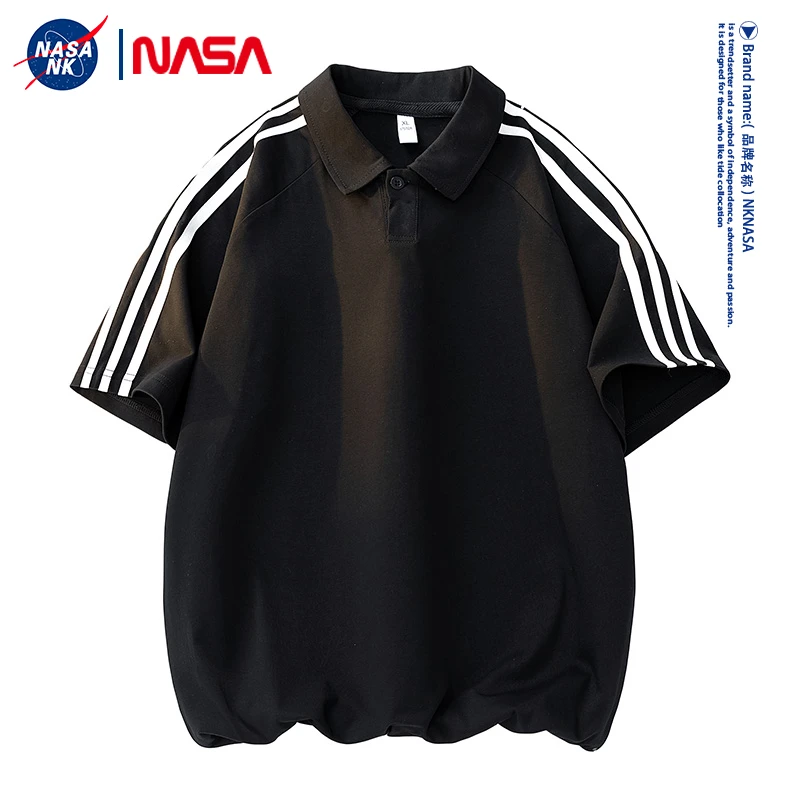 NASA联名条纹夏季拼接短袖男士t恤翻领情侣运动上衣大码宽松半袖